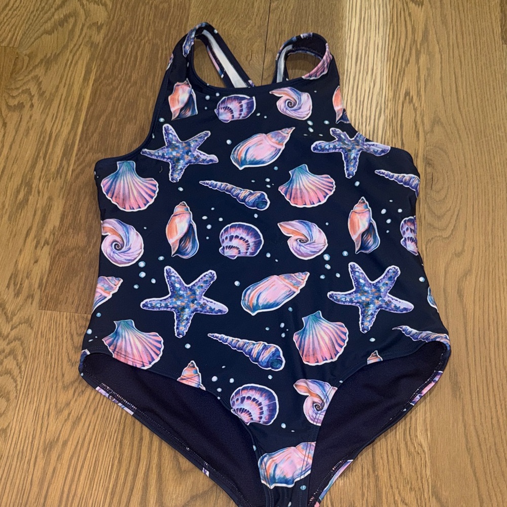 Lands' End Girls Navy Seashell Print One-Piece Swimsuit